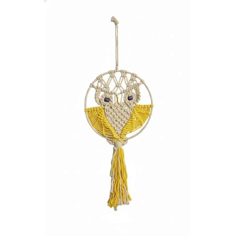 Handmade Macrame Owl Wall Hanging Yellow Cream 32 Inch Tassel Decor‎